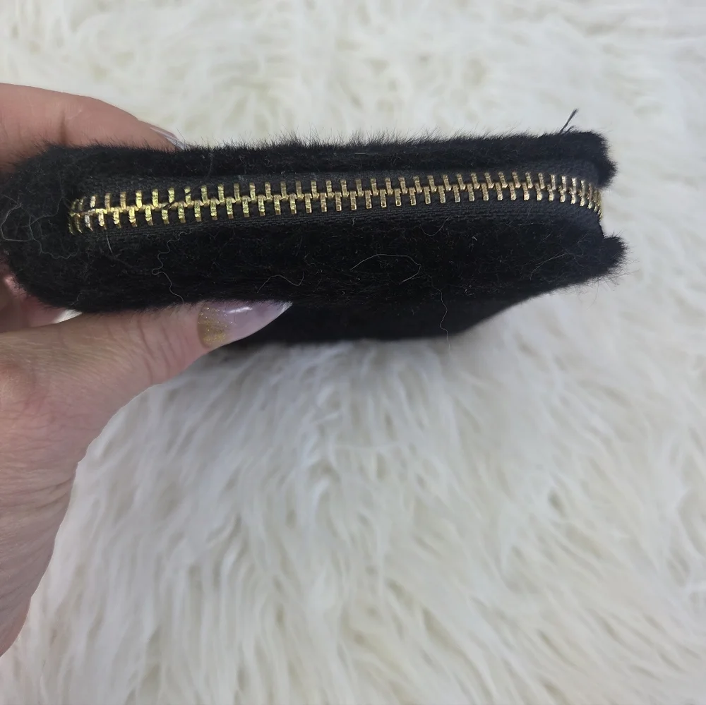 Claire's Black Gold Square Zip Around Elegant Faux Fur Wallet Clutch Purse